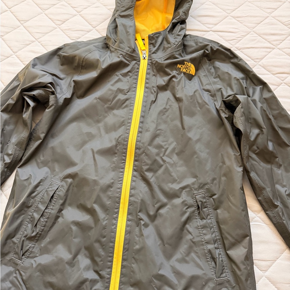 The North Face Gray Rain Jacket with Yellow Accents